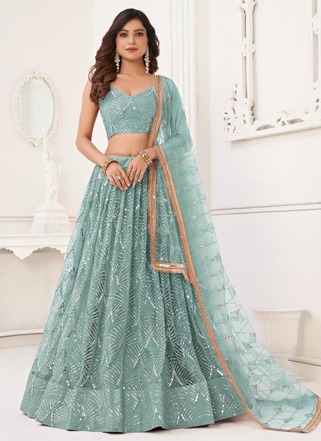 Butterfly Net Ocean Blue Party Wear Embroidery Work Lehenga Choli